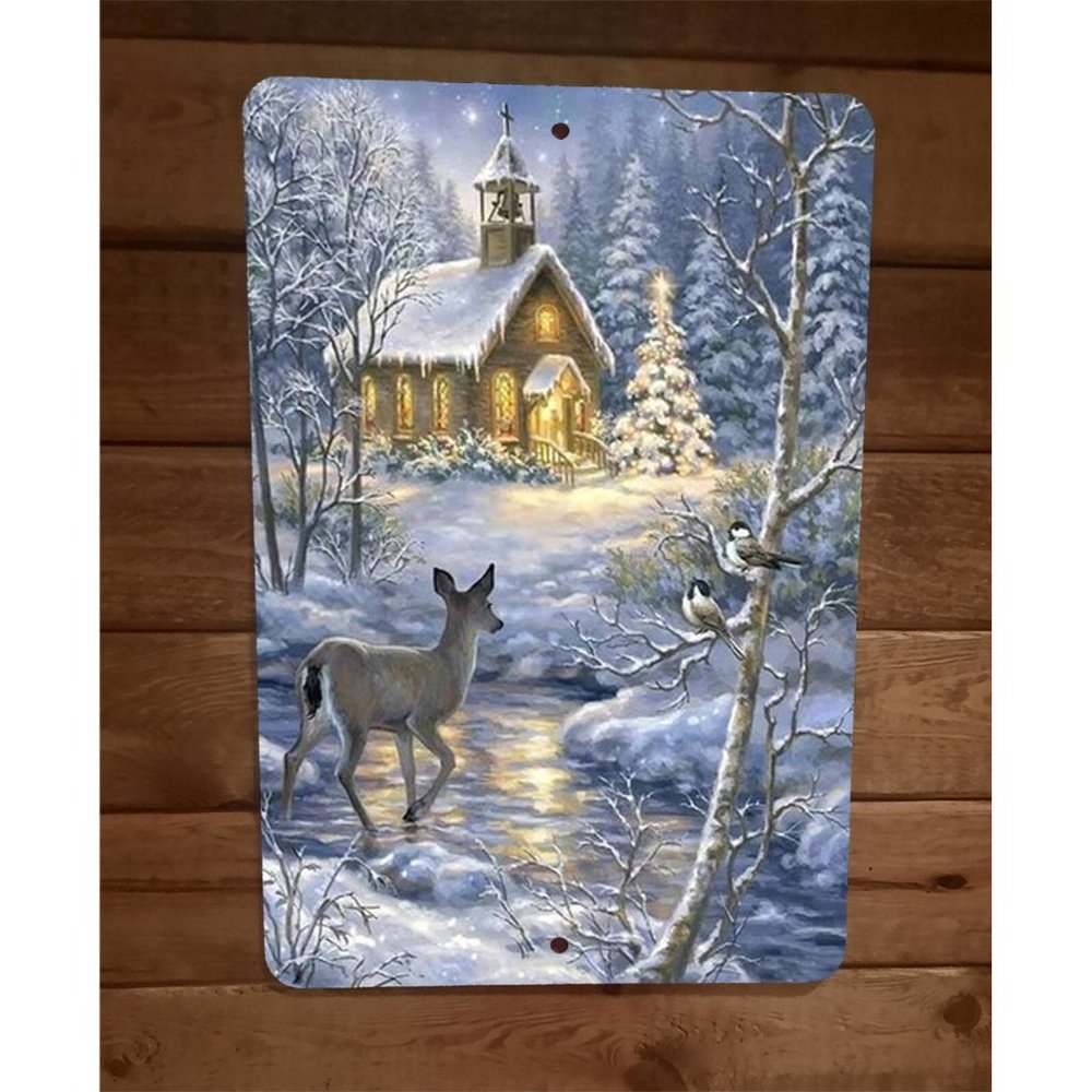 Merry Xmas Christmas‎ Deer Snow Church 8x12 Metal Wall Sign Poster